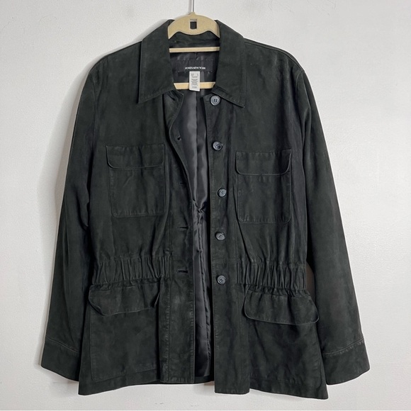 Jones New York Leather Field Jacket Women’s size Large Black Nubuck Button Front - Picture 2 of 8